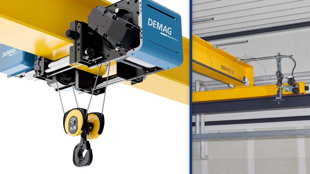 Demag DVR rope hoist on a single girder crane and a picture of the end truck of the crane set.