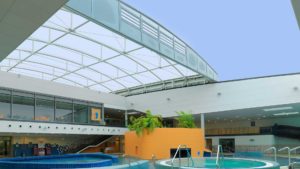 Demag wheel systems were used in this mobile roof application over a pool area.