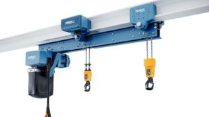 Demag DC Chain Hoist with two hook leadoffs for lifting large bags and awkward loads.