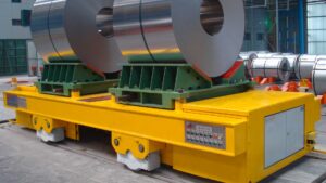 Coil Car with Demag DRS wheel blocks carrying 2 steel coils.