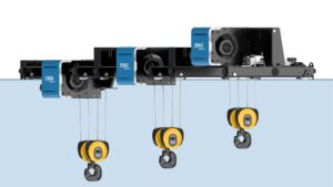 Demag DVR rope hoist in three mountings on the trolley. smart features of DVR rope hoist